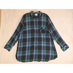 J Jill Womens 2X Flannel Button Shirt Tunic Top Green Black Plaid Cotton Modal